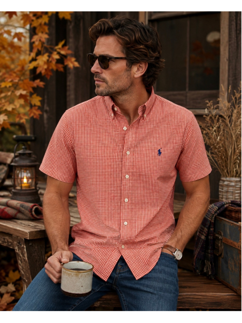 Ralph Lauren Men’s XL Rustic Red Orange Gingham Short Sleeve Shirt Pony